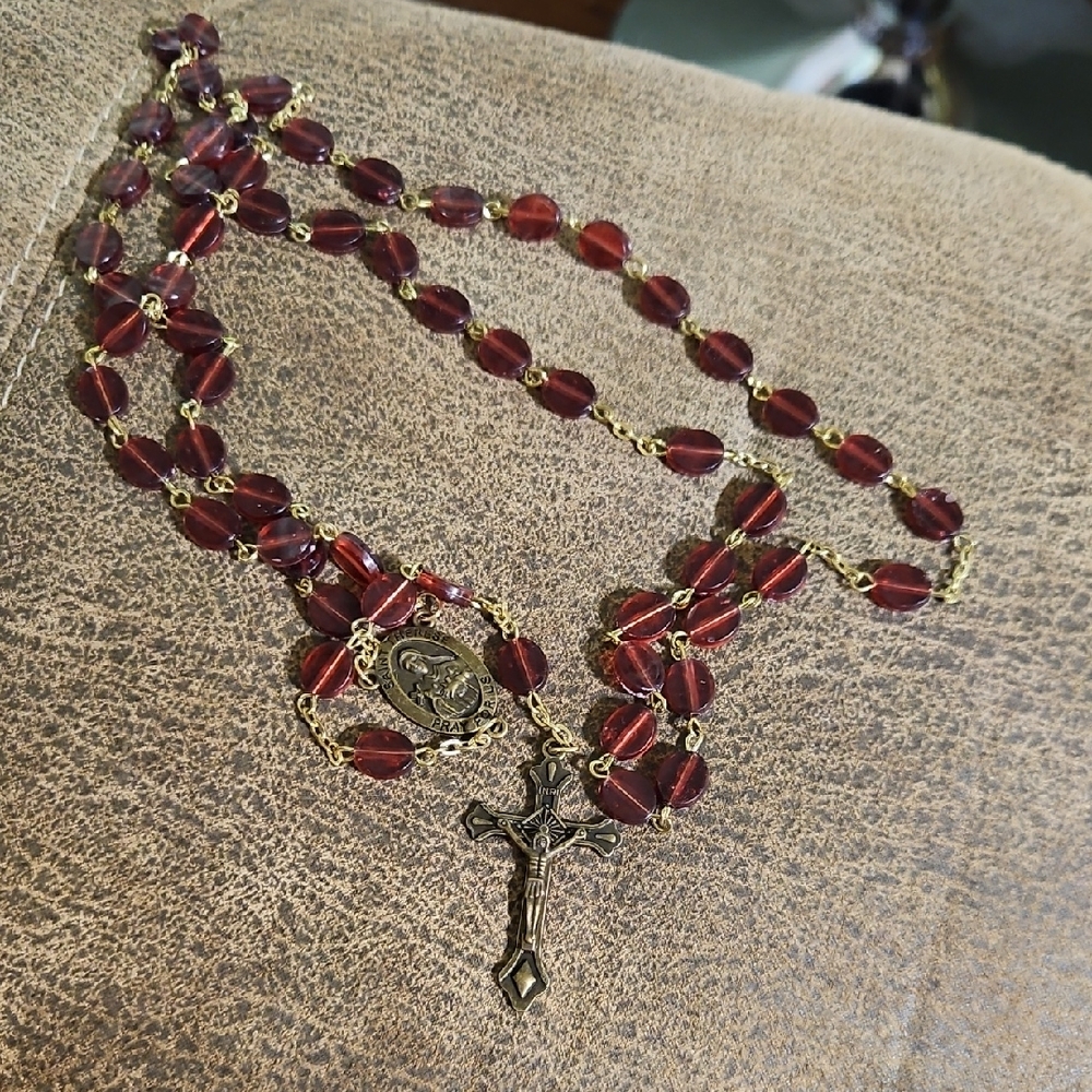 Elegant Gold and Red Beaded Rosary Necklace